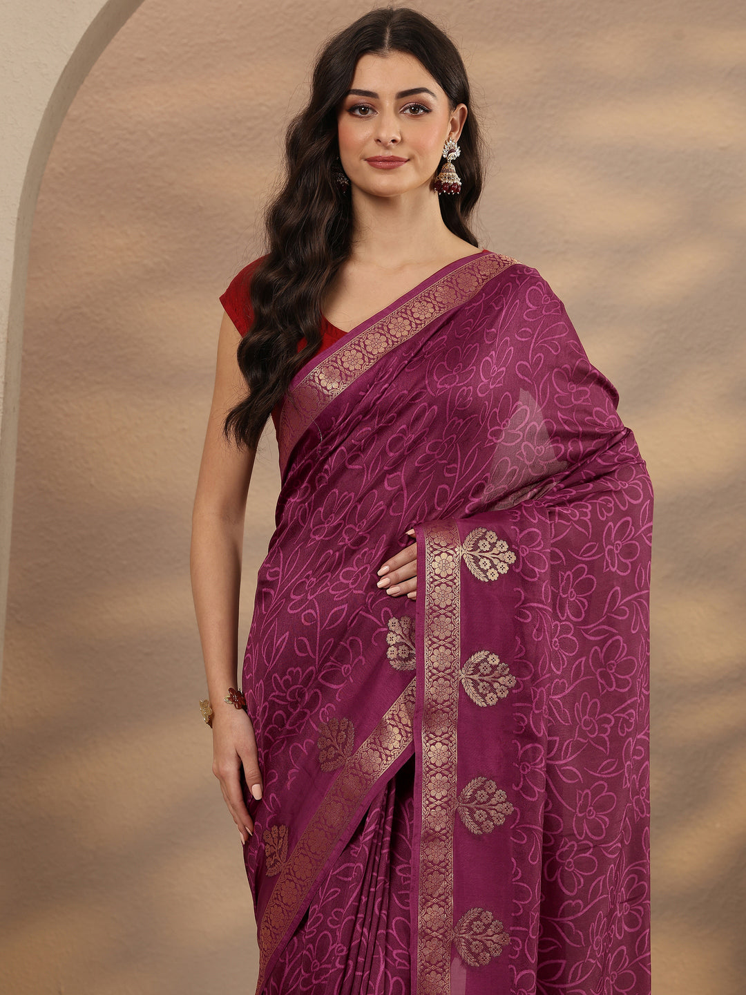  Burgundy Printed Silk Blend Saree With Unstitched Blouse Piece 