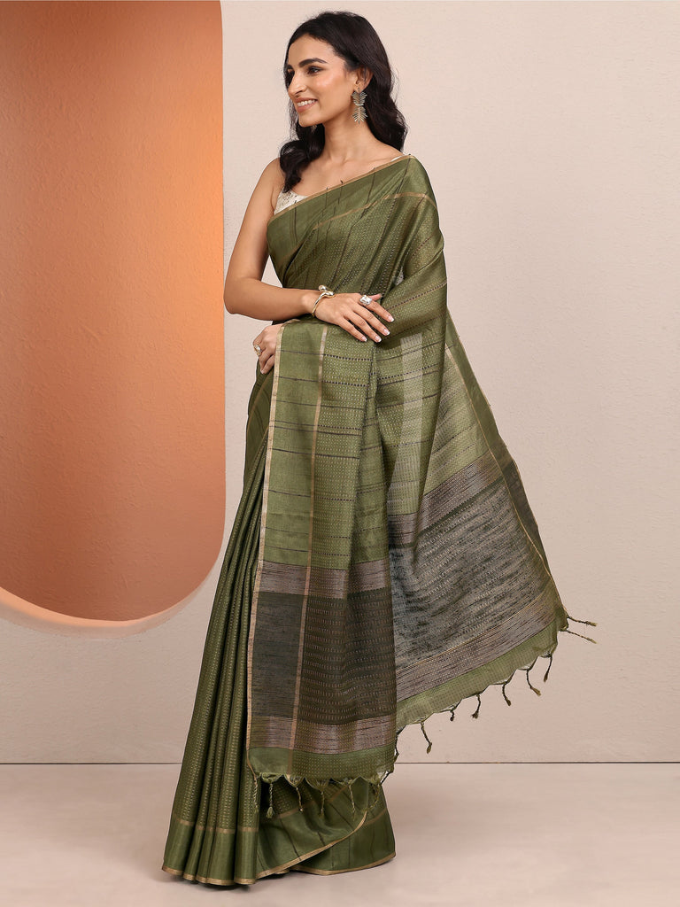 Libas Green Embellished Silk Blend Saree With Unstitched Blouse Piece