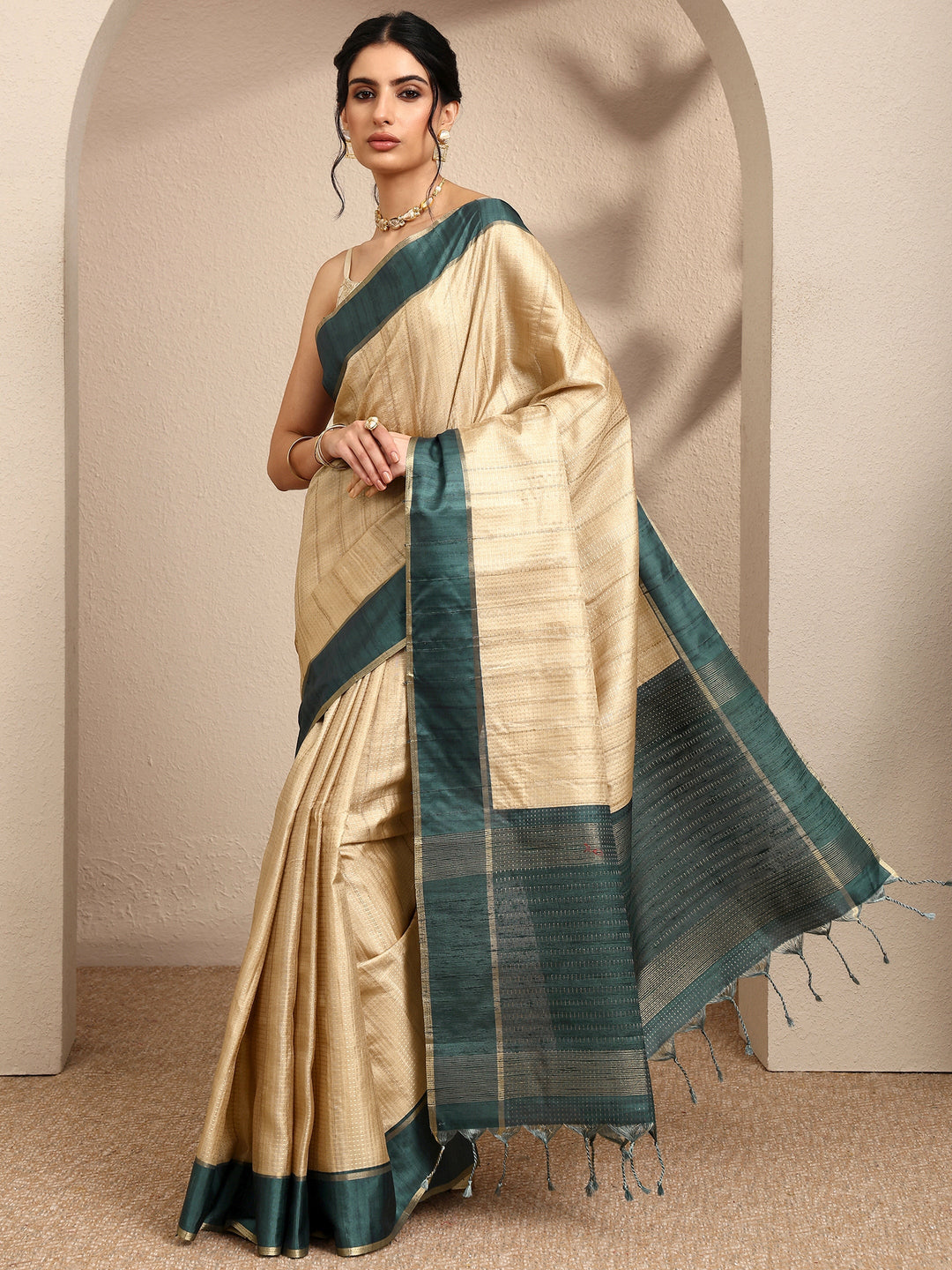  Beige Woven Design Banarsi Silk Blend Saree With Unstitched Blouse Piece 