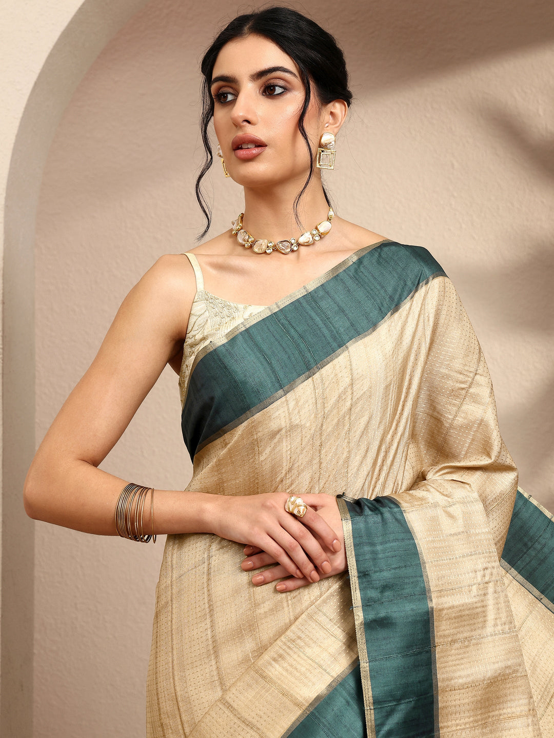  Beige Woven Design Banarsi Silk Blend Saree With Unstitched Blouse Piece 