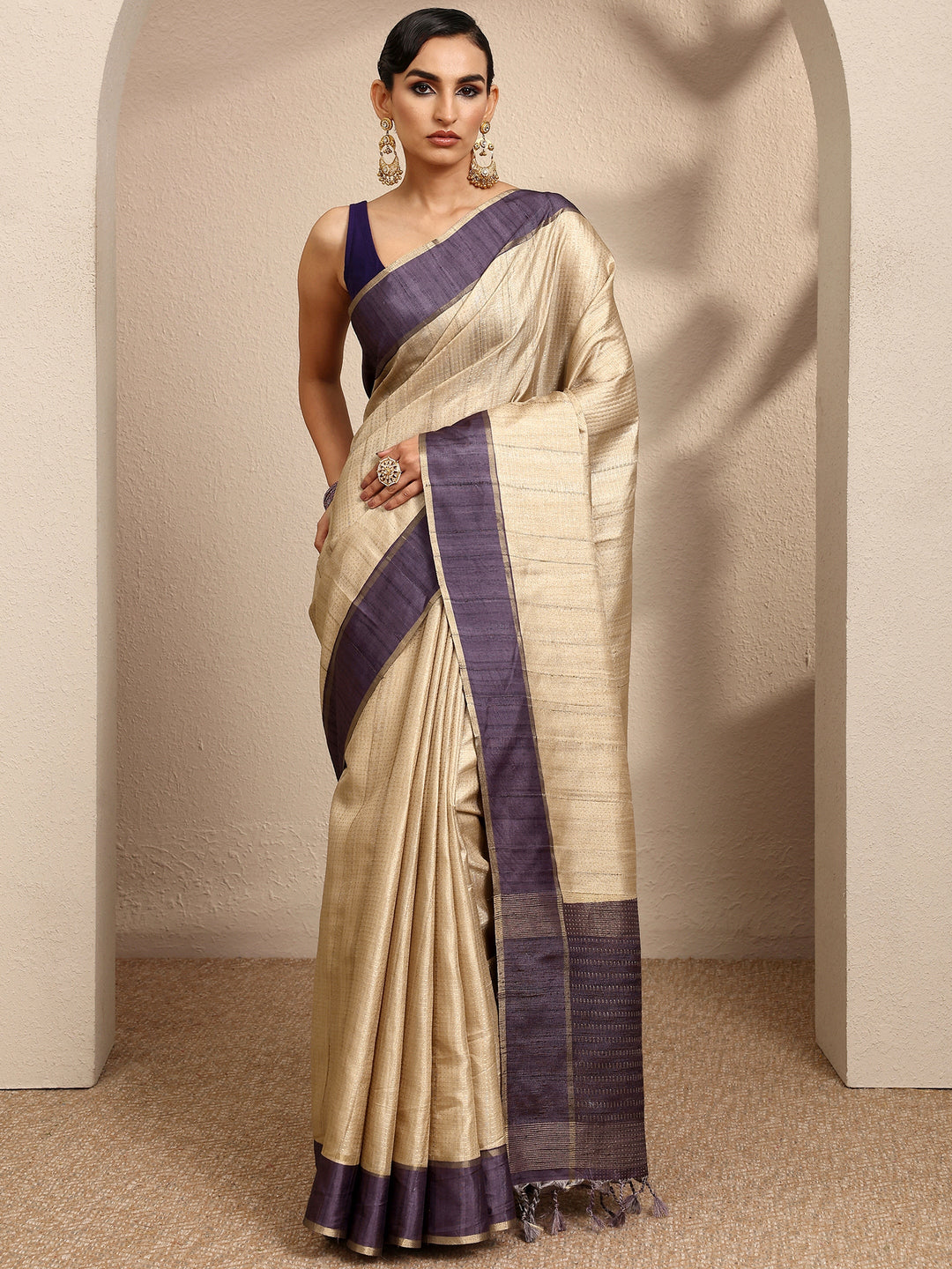  Beige Woven Design Banarsi Silk Blend Saree With Unstitched Blouse Piece 