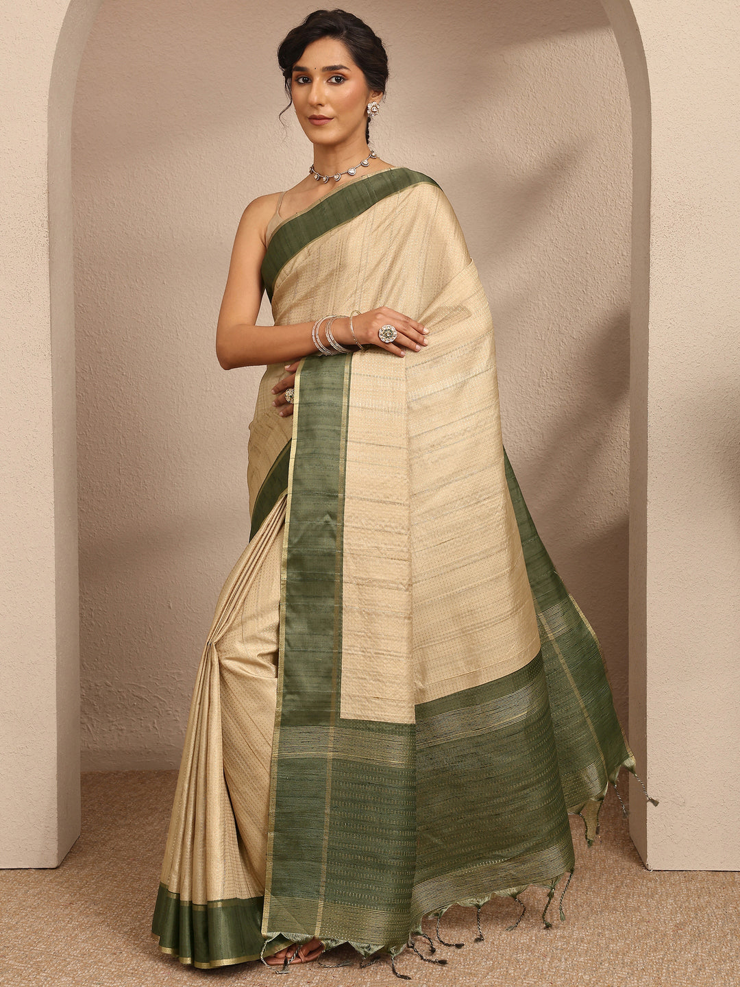  Beige Woven Design Silk Blend Saree With Unstitched Blouse Piece 