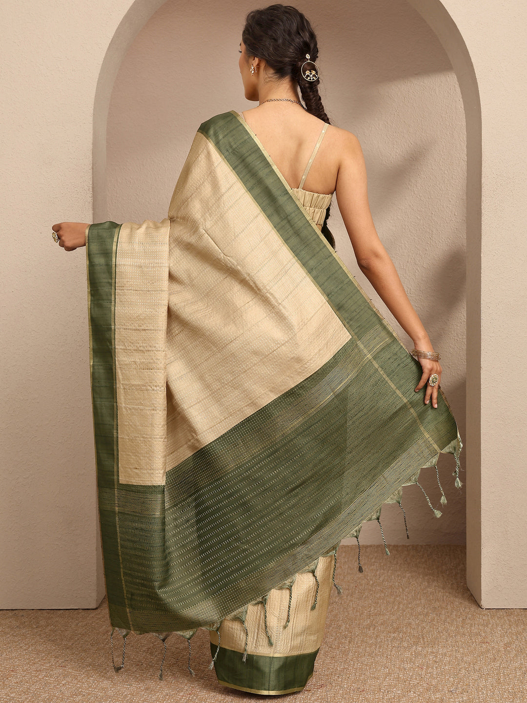  Beige Woven Design Silk Blend Saree With Unstitched Blouse Piece 