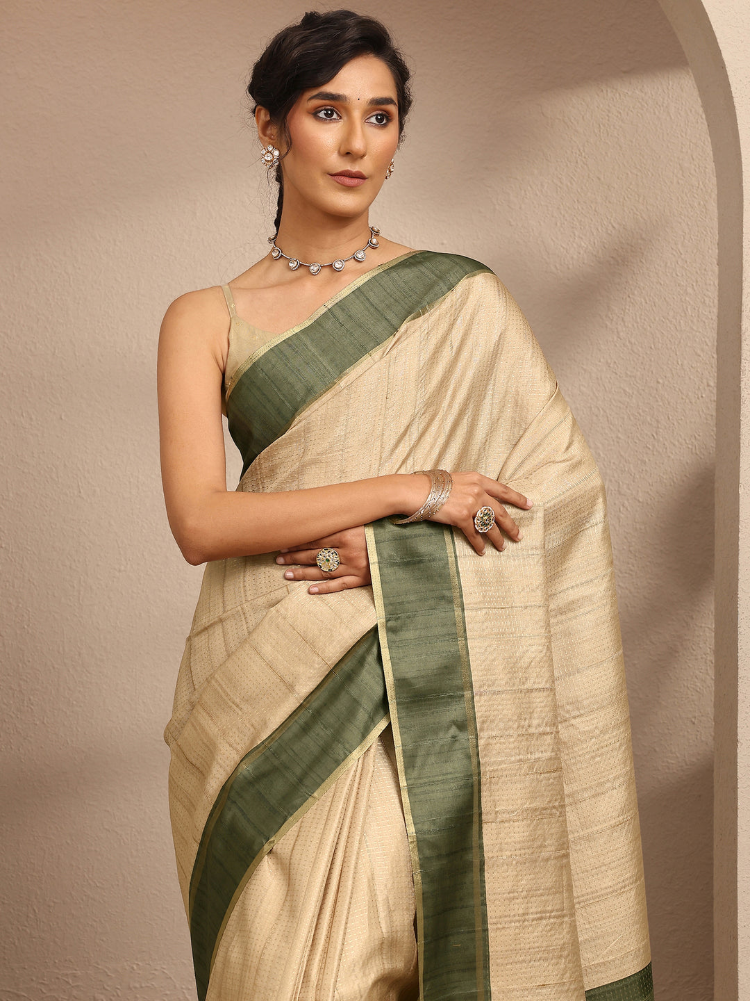  Beige Woven Design Silk Blend Saree With Unstitched Blouse Piece 