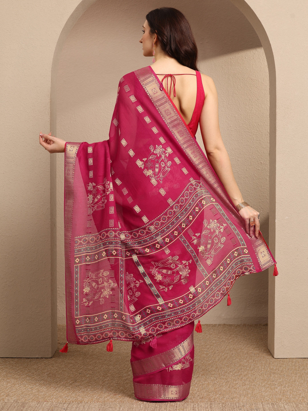  Pink Printed Georgette Saree With Unstitched Blouse Piece 