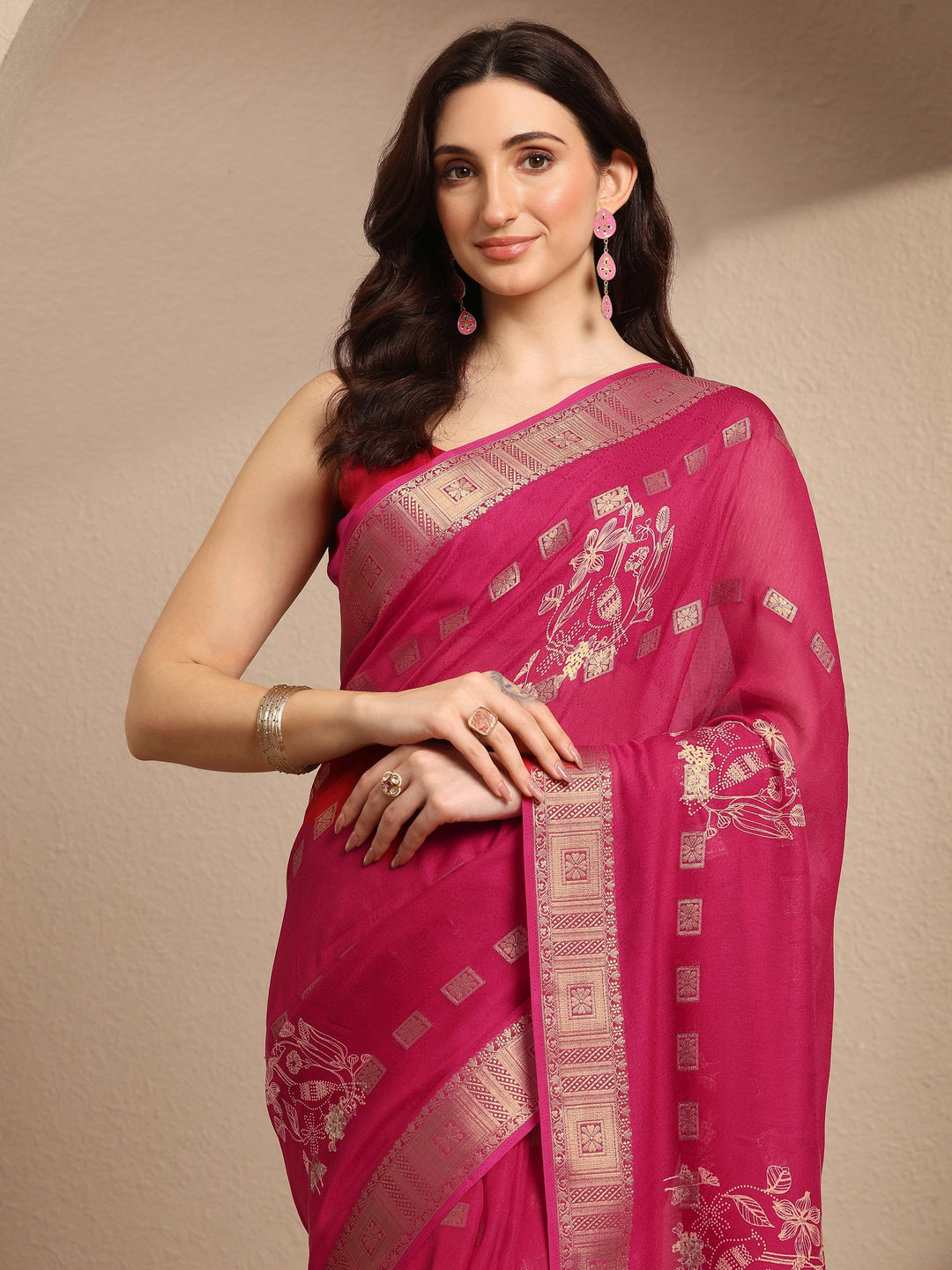  Pink Printed Georgette Saree With Unstitched Blouse Piece 