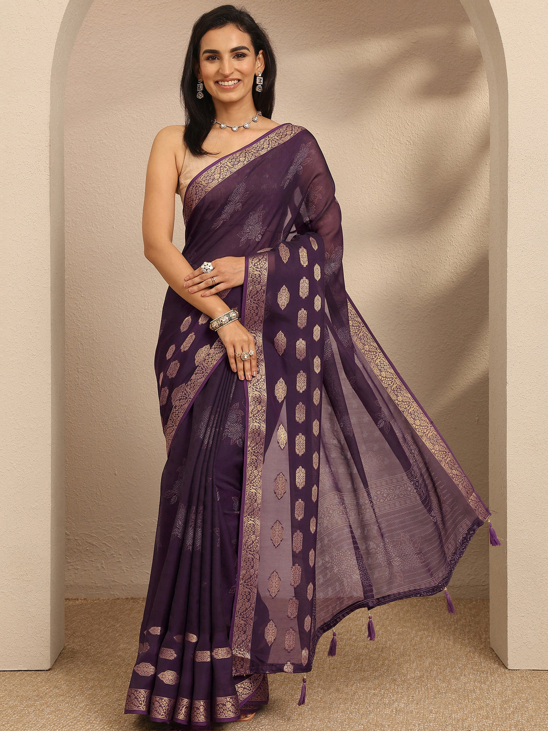  Purple Printed Georgette Saree With Unstitched Blouse Piece 