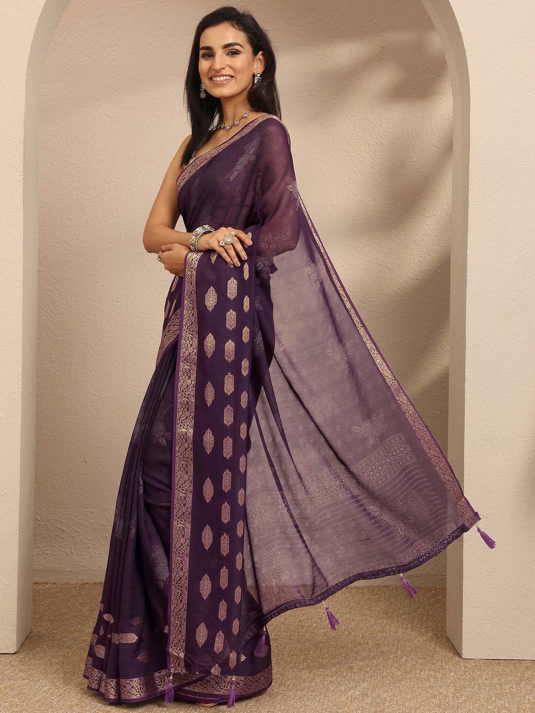  Purple Printed Georgette Saree With Unstitched Blouse Piece 