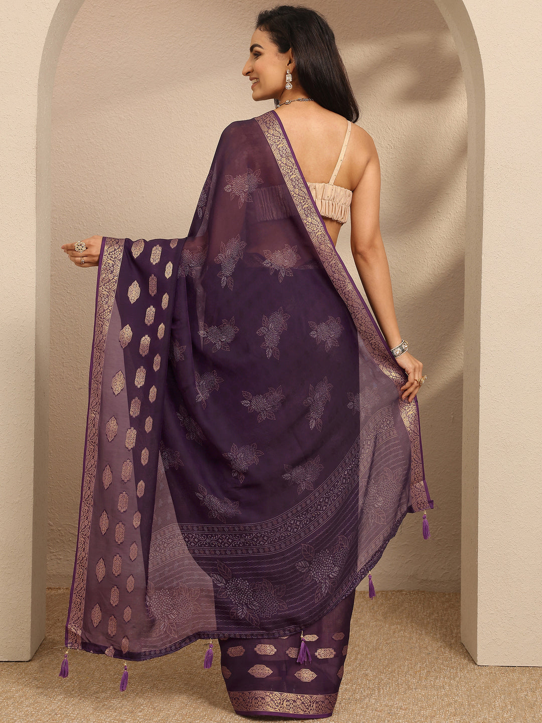 Purple Printed Georgette Saree With Unstitched Blouse Piece 