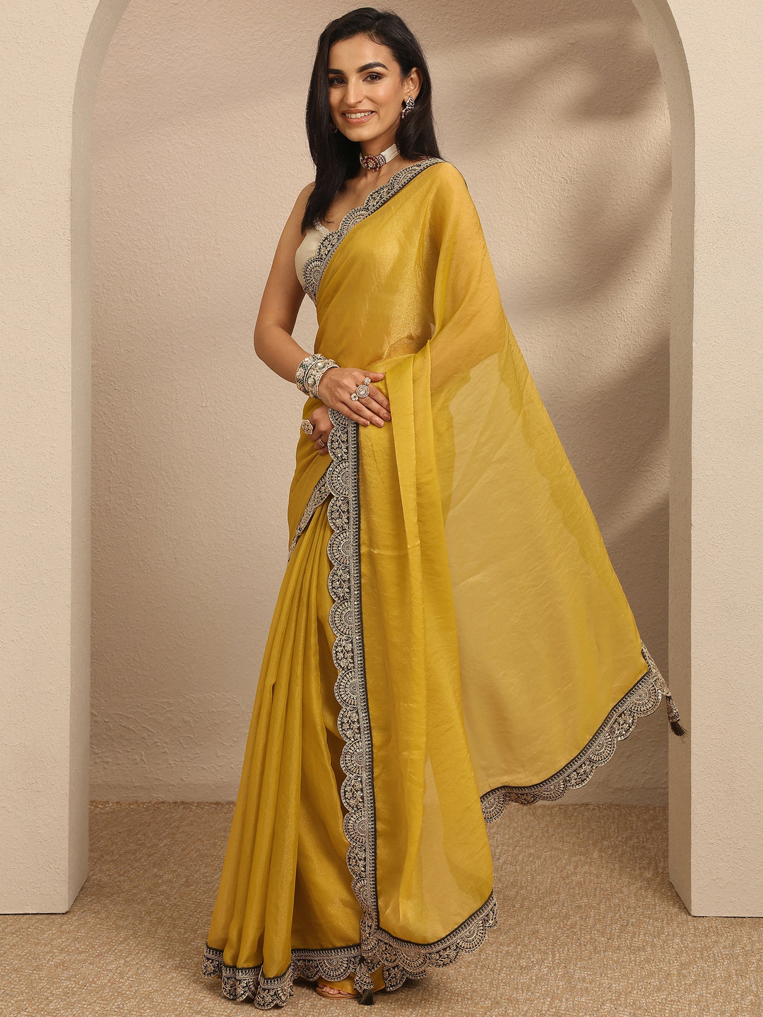  Mustard Solid Organza Saree With Unstitched Blouse Piece 