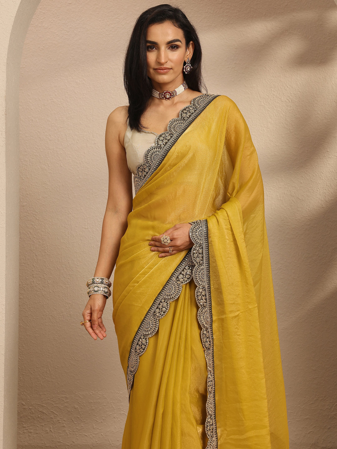  Mustard Solid Organza Saree With Unstitched Blouse Piece 