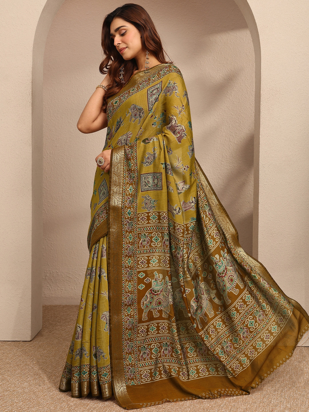  Mustard Tribal Printed Silk Blend Saree With Unstitched Blouse Piece 
