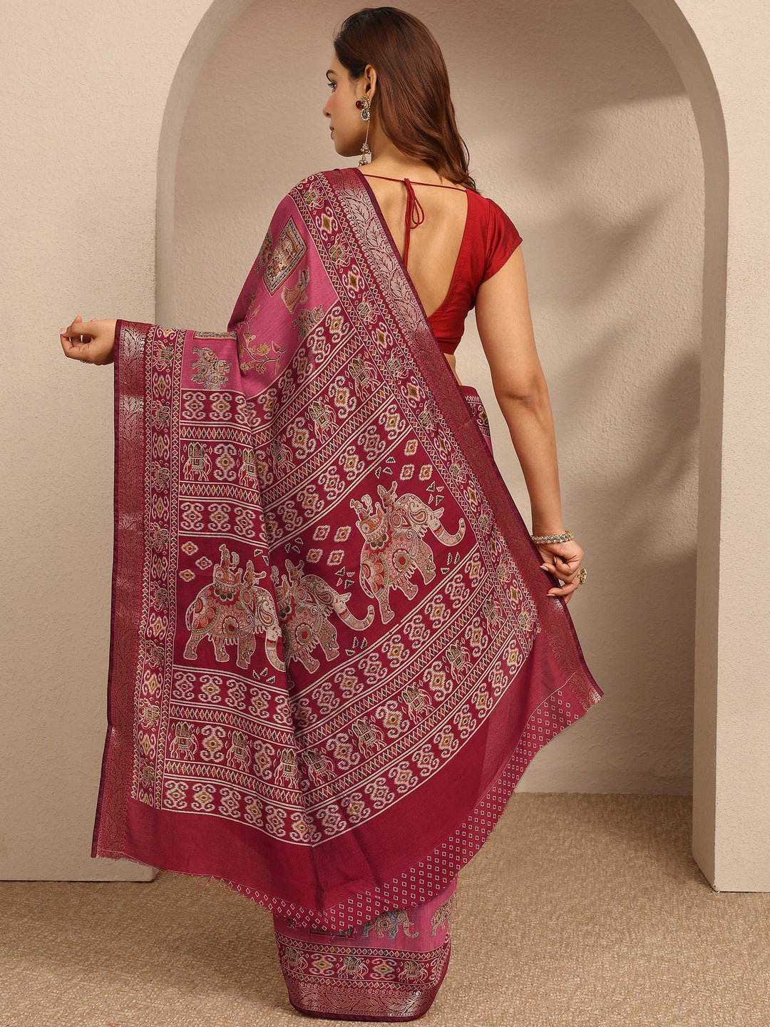  Pink Tribal Printed Silk Blend Saree With Unstitched Blouse Piece 