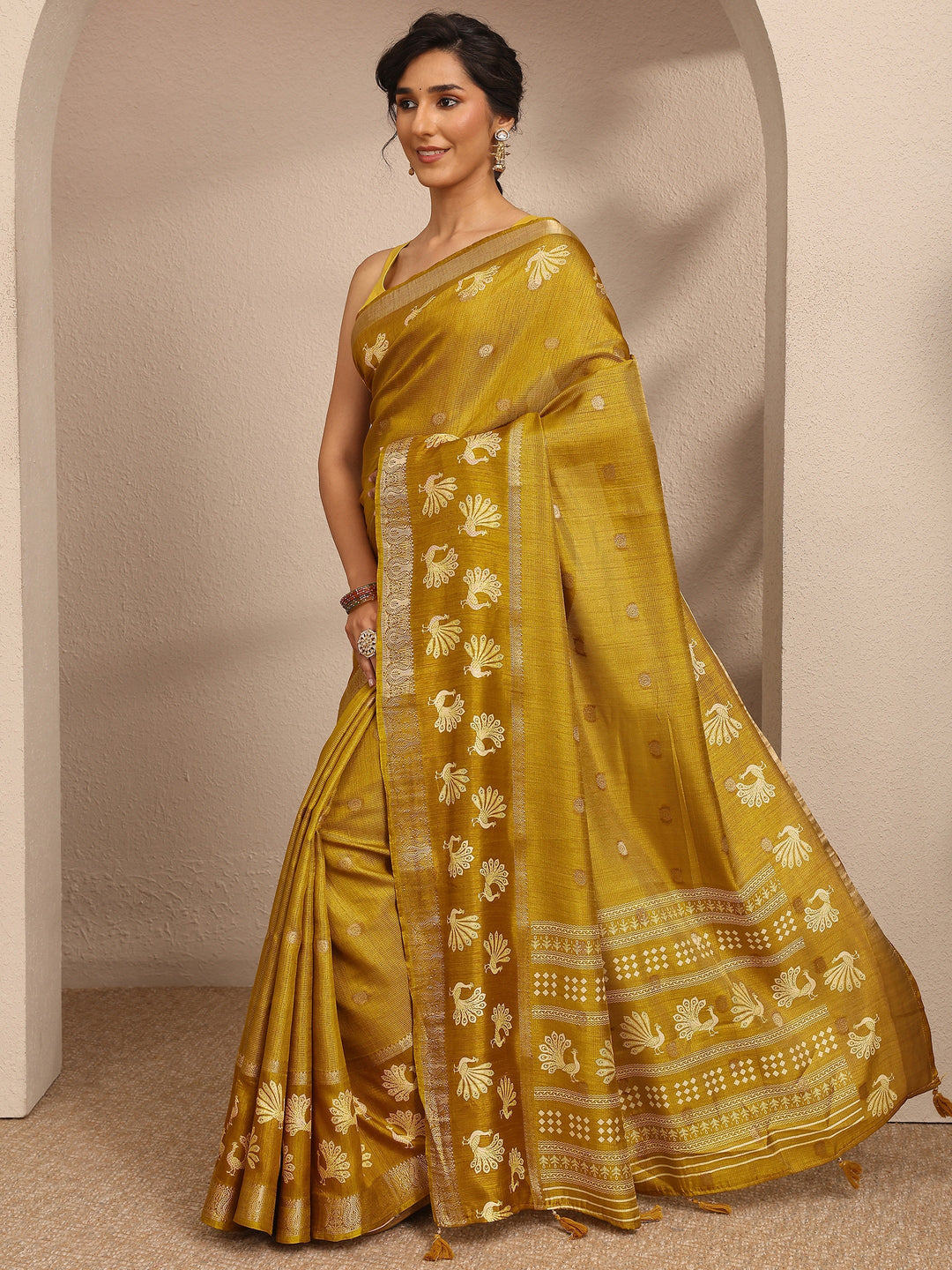  Mustard Woven Design Banarsi Silk Blend Saree With Unstitched Blouse Piece 