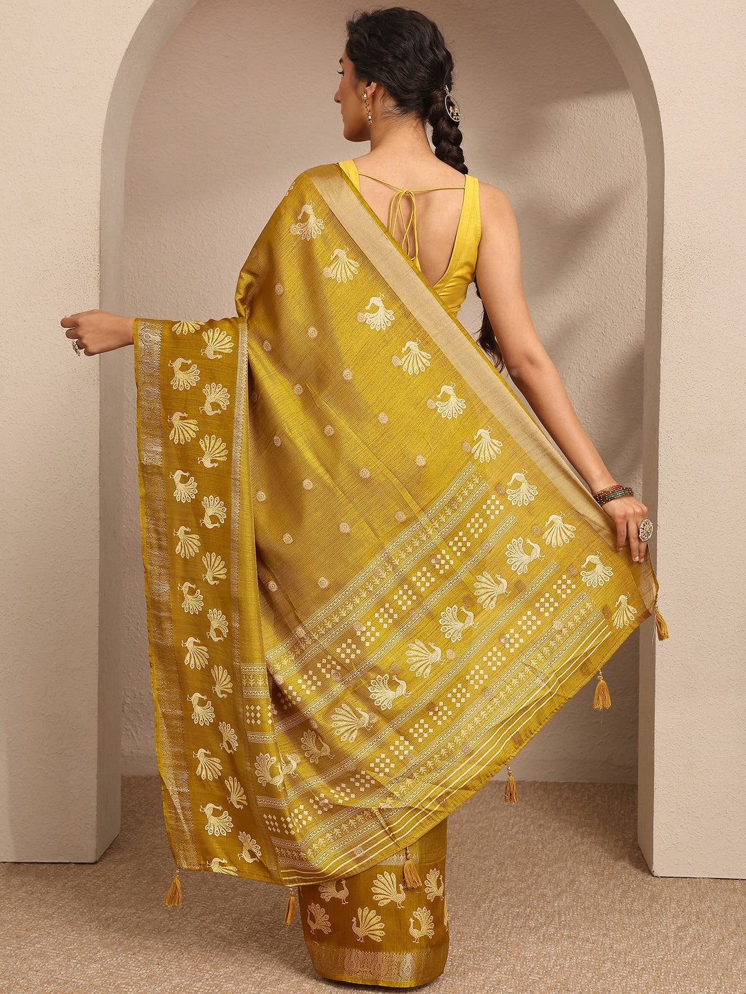  Mustard Woven Design Banarsi Silk Blend Saree With Unstitched Blouse Piece 