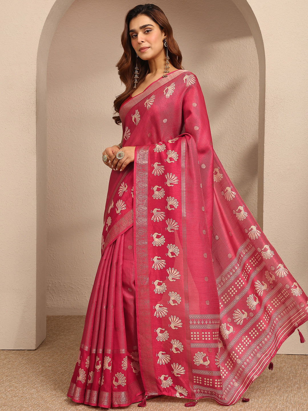  Pink Woven Design Banarsi Silk Blend Saree With Unstitched Blouse Piece 
