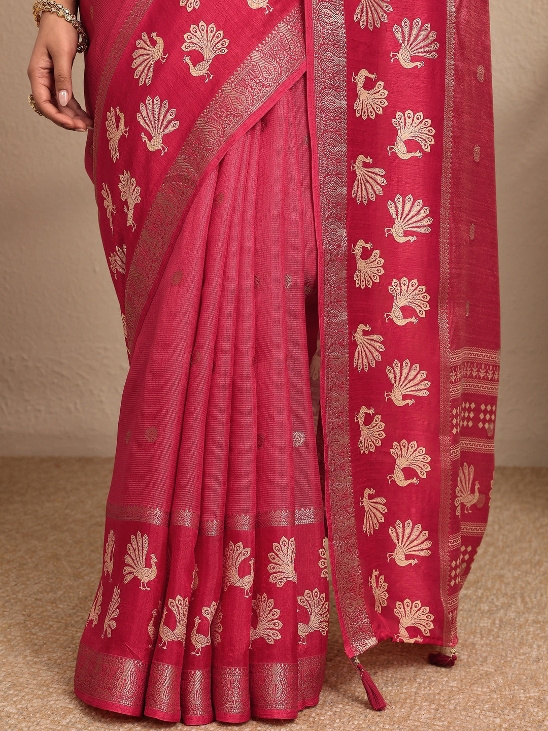  Pink Woven Design Banarsi Silk Blend Saree With Unstitched Blouse Piece 