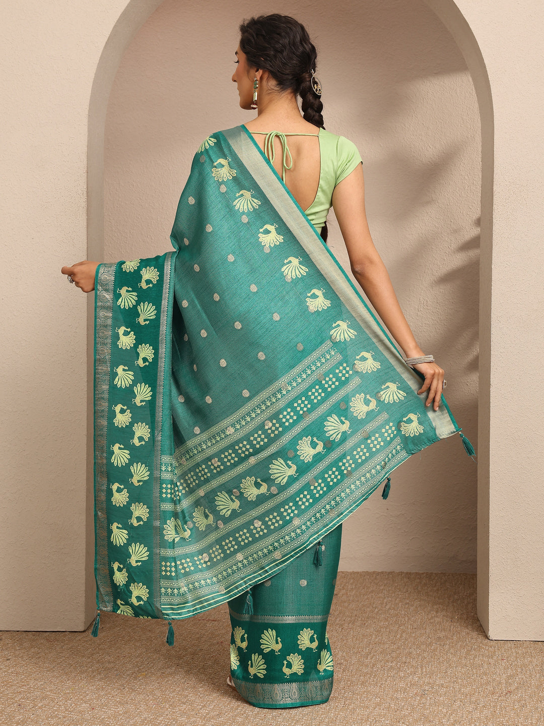  Green Woven Design Banarsi Silk Blend Saree With Unstitched Blouse Piece 