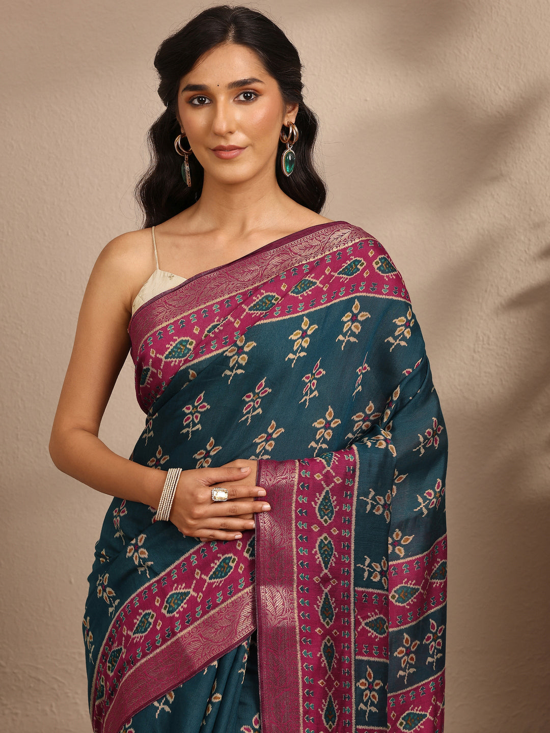  Blue Printed Silk Blend Saree With Unstitched Blouse Piece 