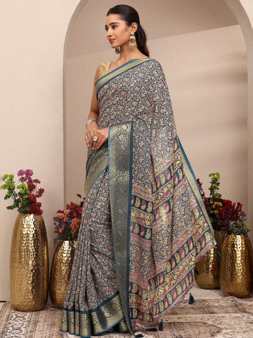  Navy Blue Printed Silk Blend Saree With Unstitched Blouse Piece 