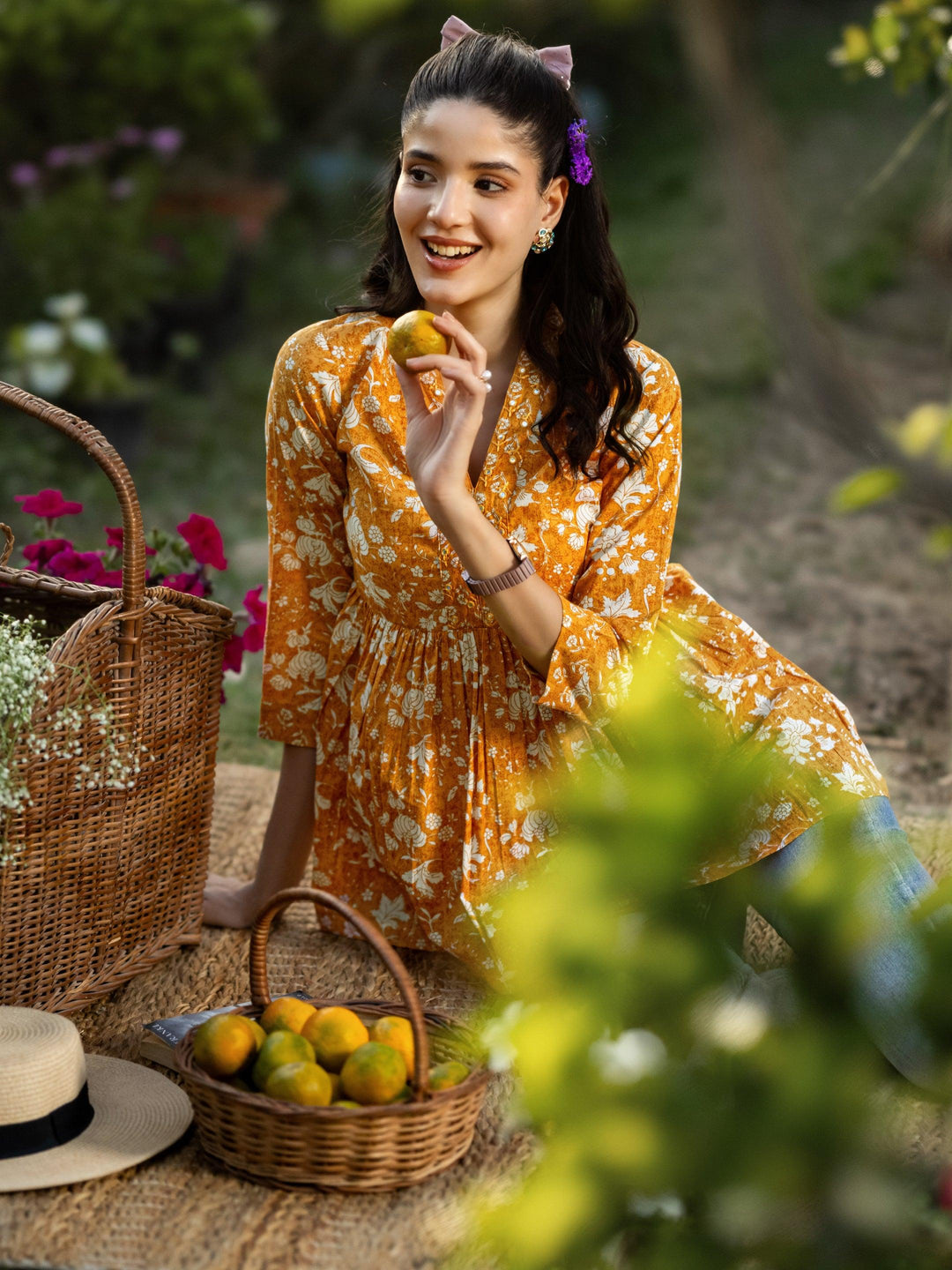  Mustard Printed Cotton Anarkali Short Kurti 