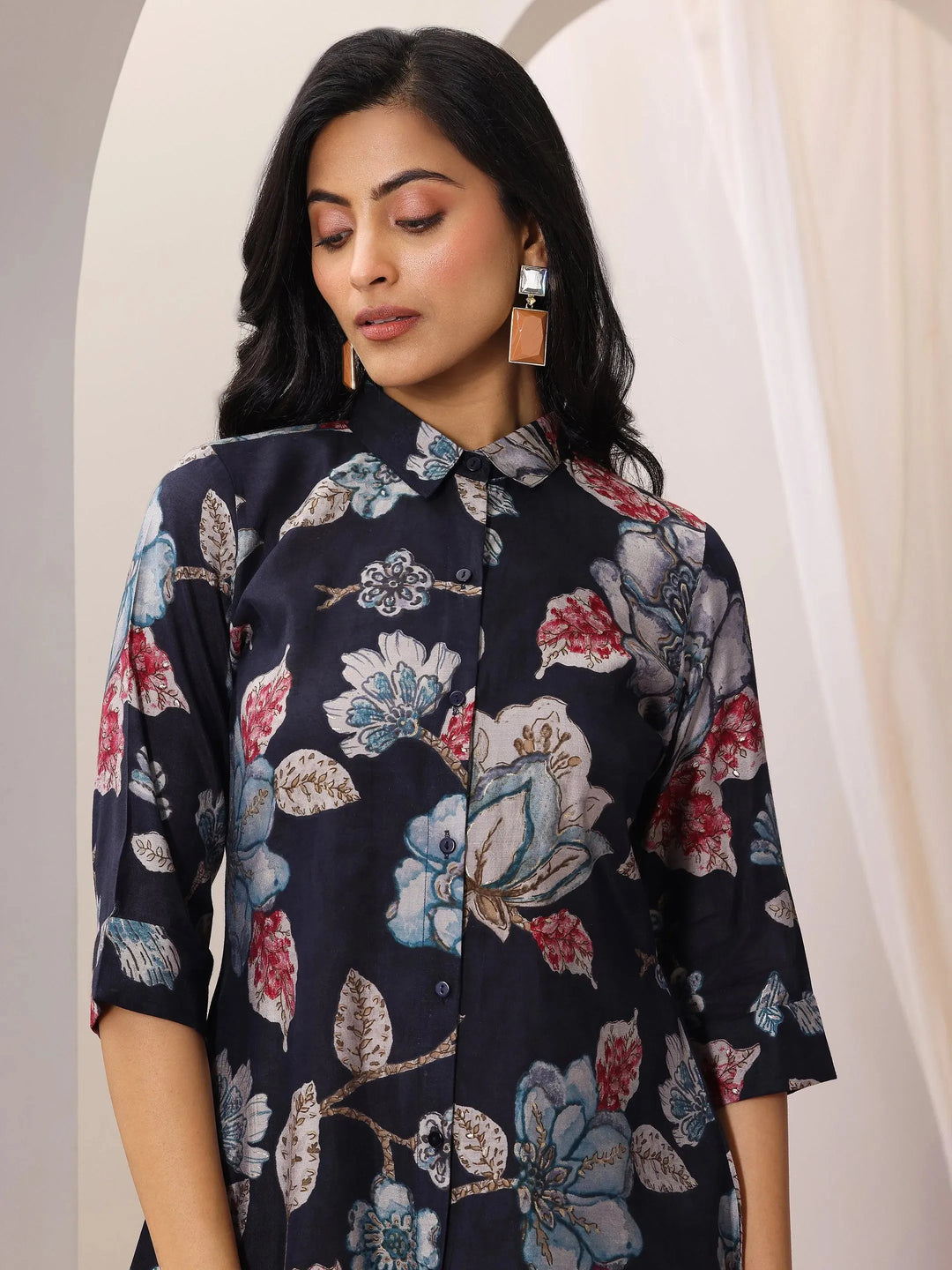  Black Printed Silk Blend Straight Short Kurti 