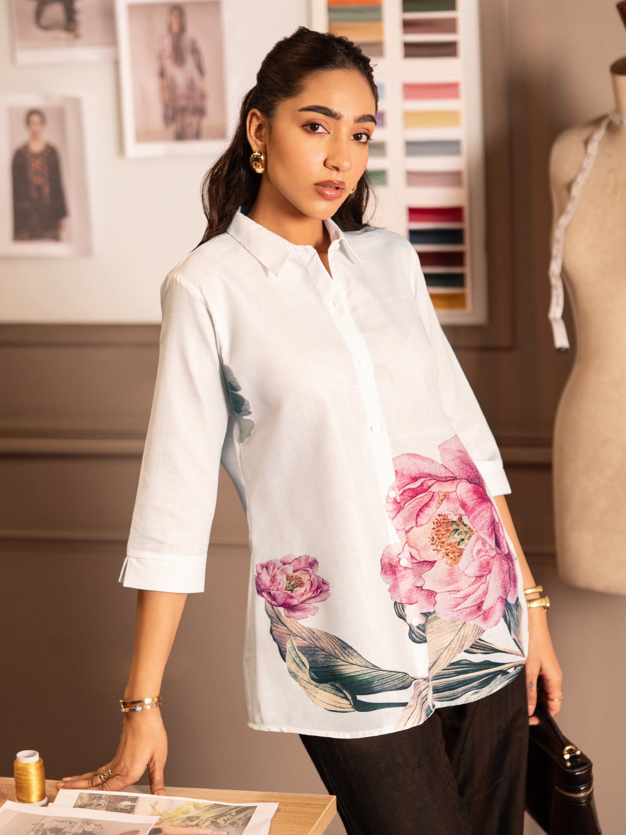 White Printed Cotton Blend Straight Short Kurti-image-29
