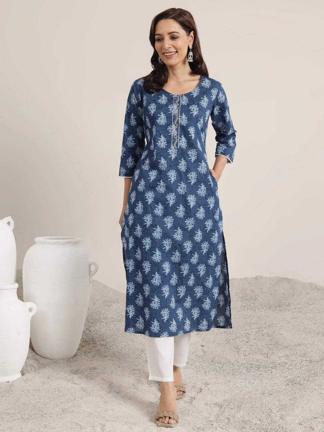  Blue Printed Cotton Straight Kurta 
