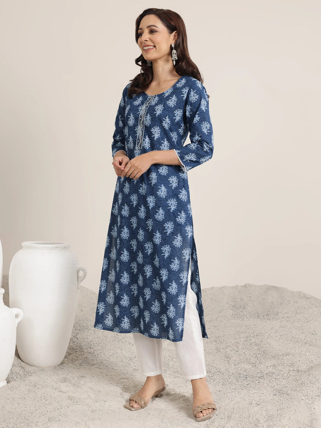  Blue Printed Cotton Straight Kurta 