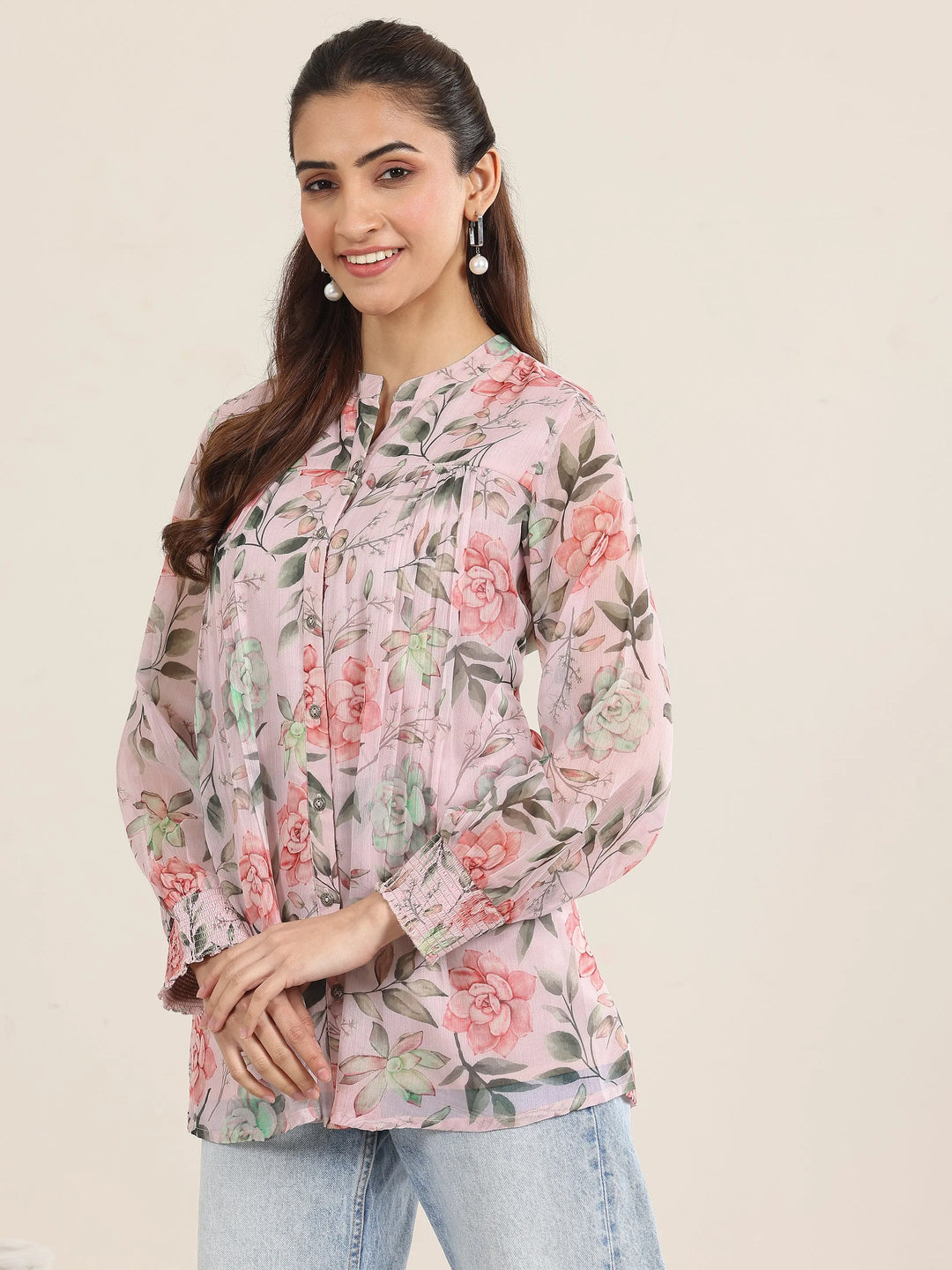  Pink Printed Chiffon Straight Short Kurti 