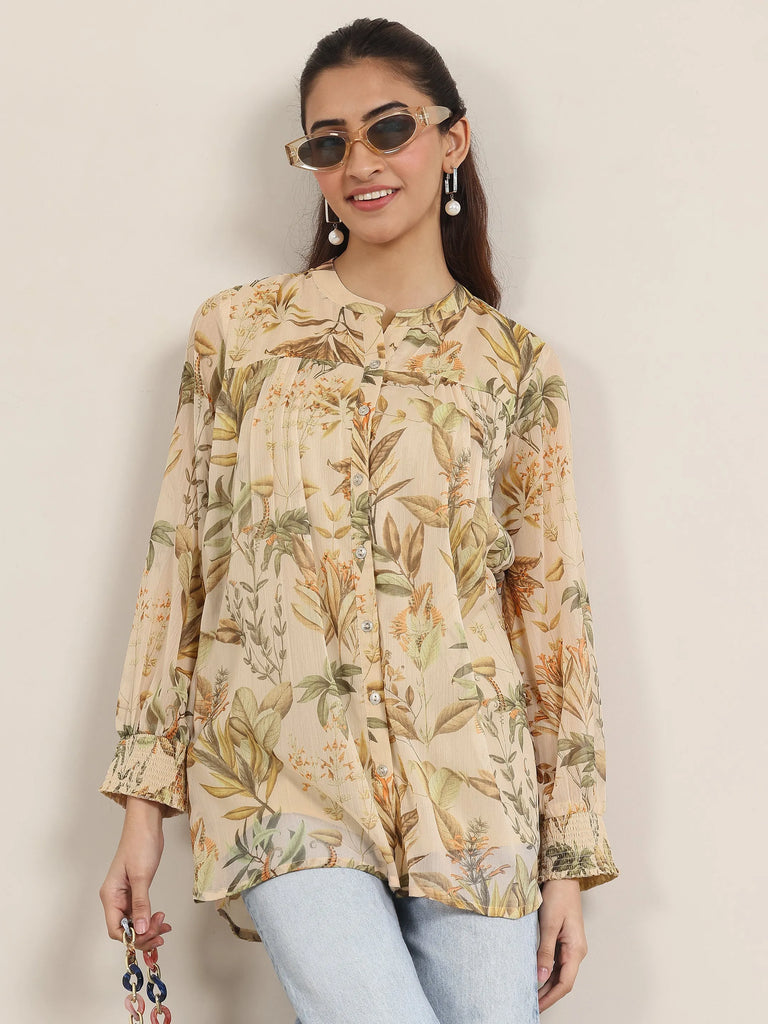 Libas Beige Printed Chiffon Straight Short Kurti