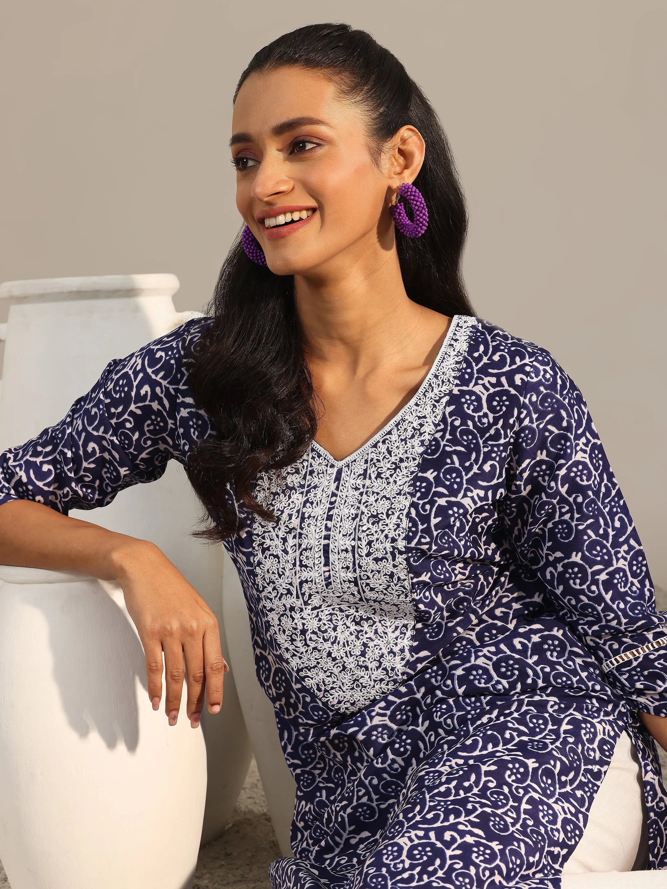 Indigo Printed Silk Blend Straight Kurta-image-2