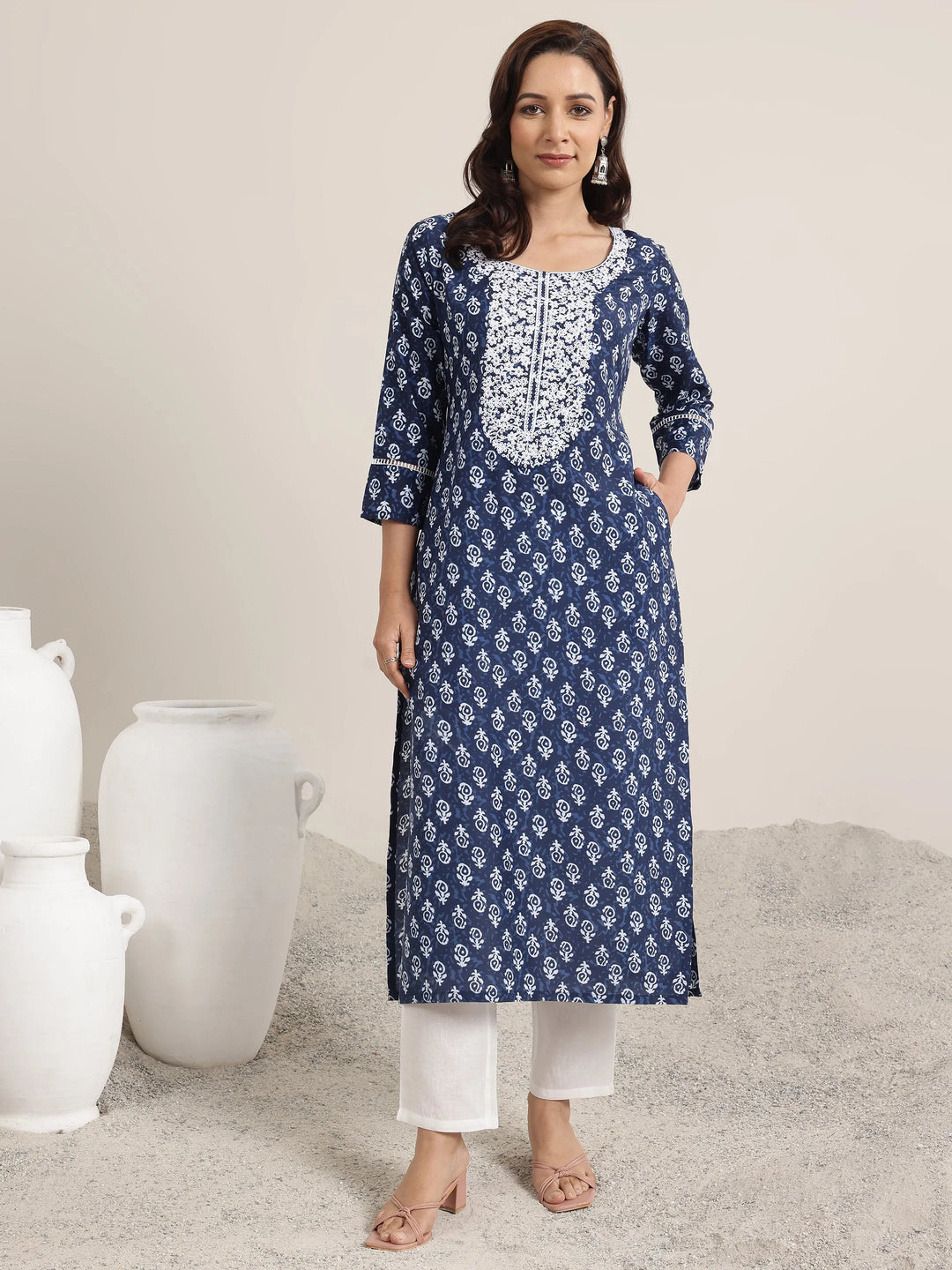  Indigo Printed Silk Blend Straight Kurta 