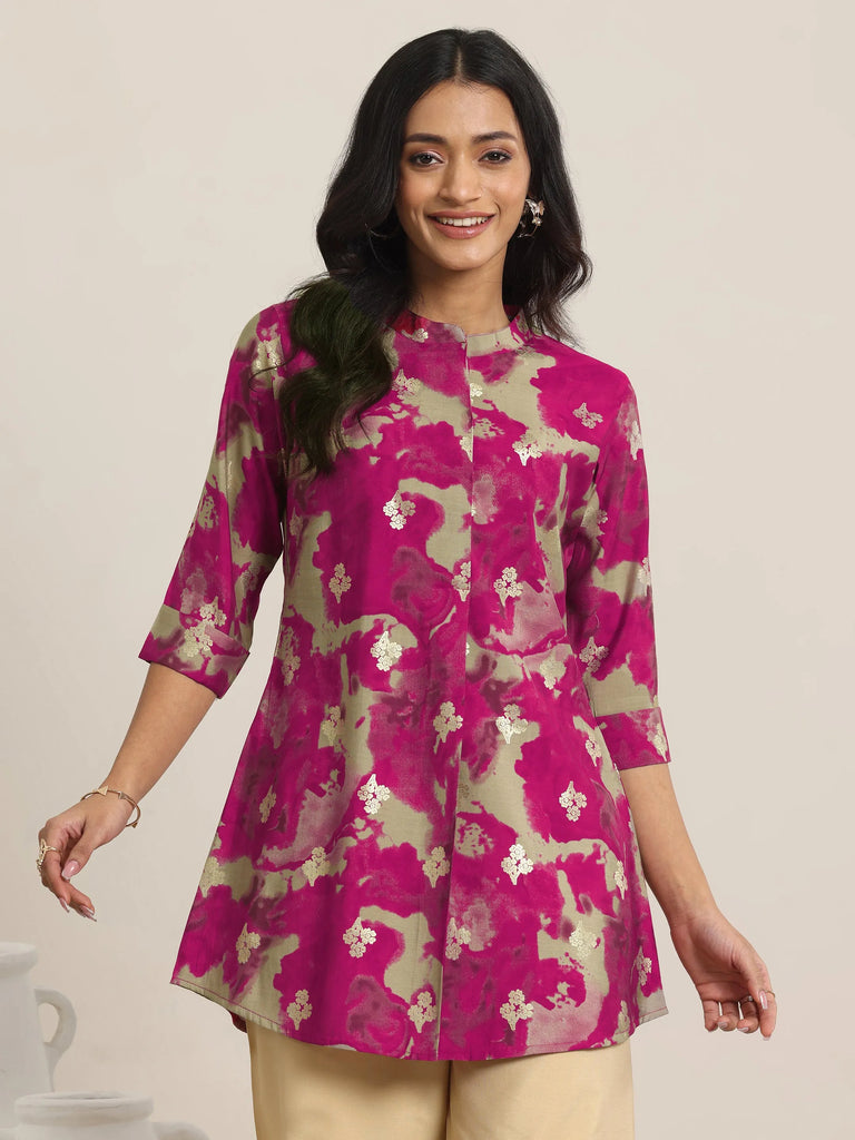 Libas Pink Printed Silk Blend Straight Short Kurti