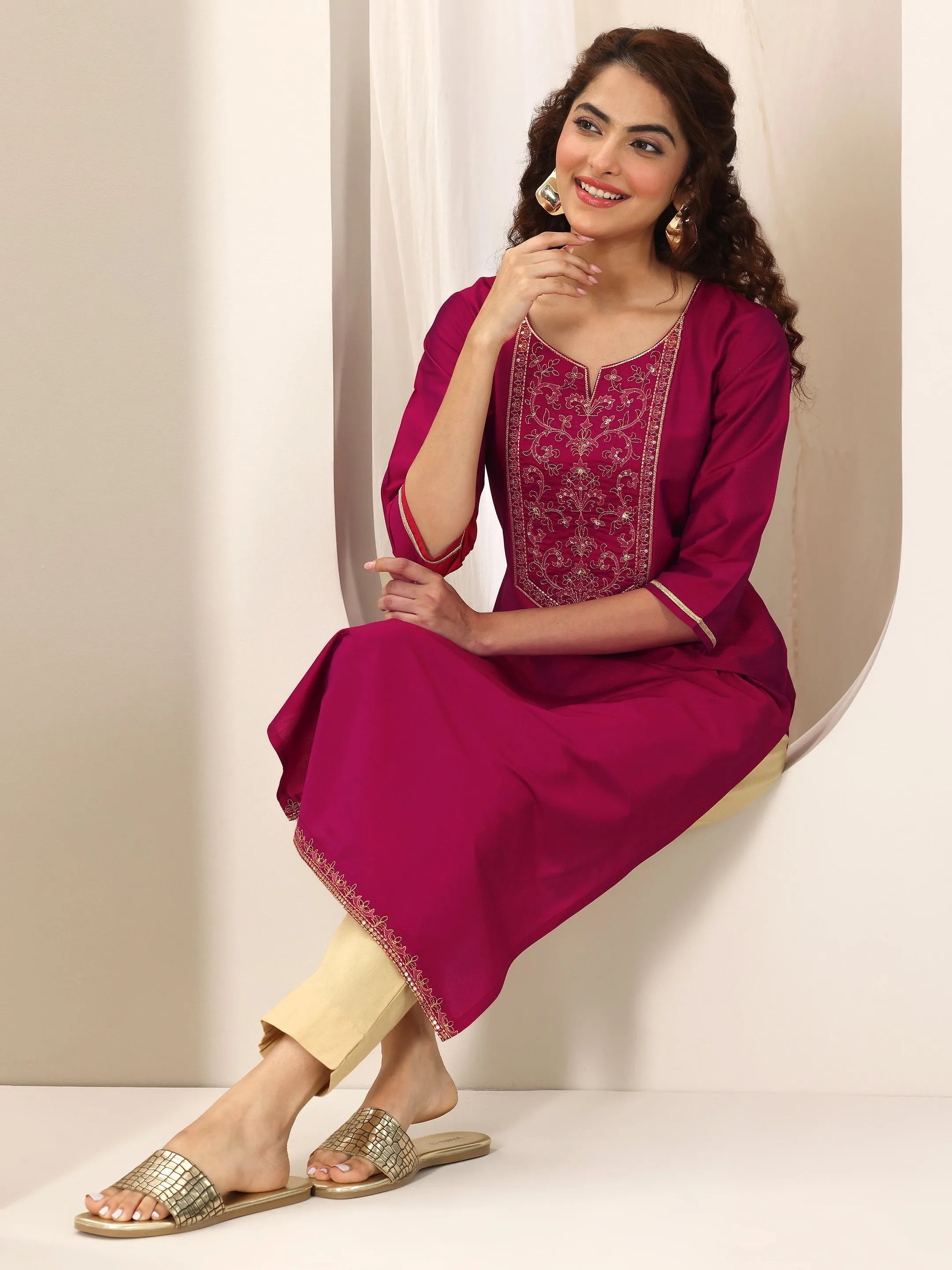 libas Pink Yoke Design Silk Straight Kurta-picture-13