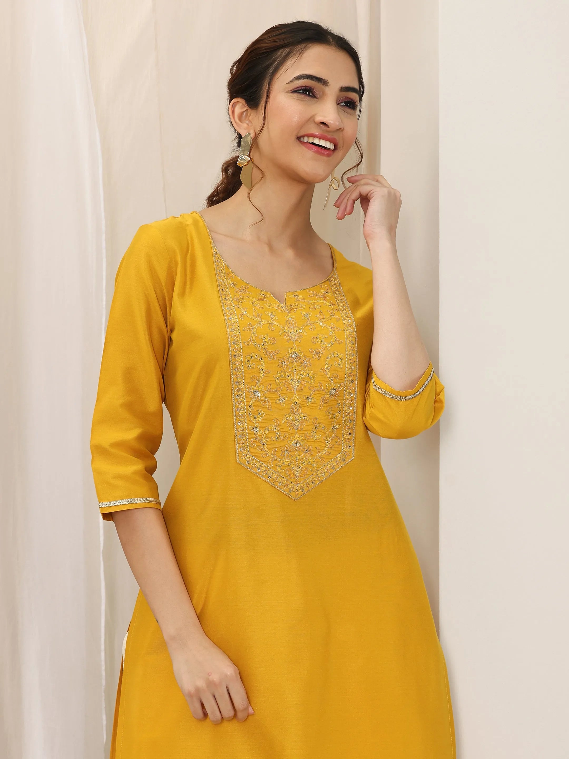 libas Mustard Yoke Design Silk Straight Kurta-picture-10