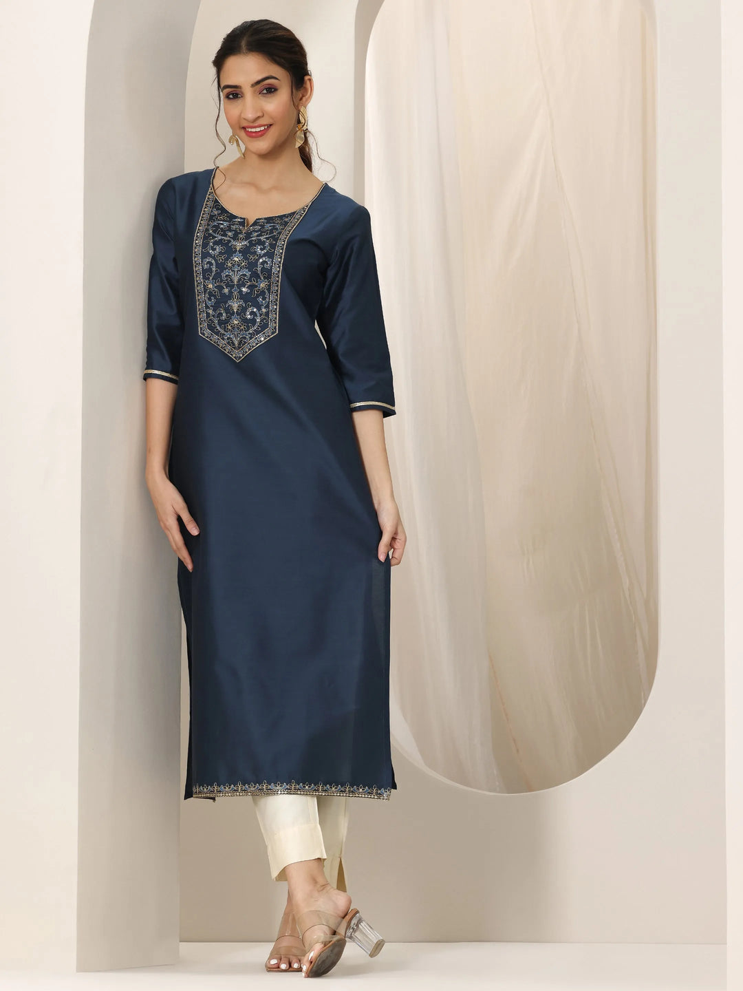  Navy Blue Yoke Design Silk Straight Kurta 