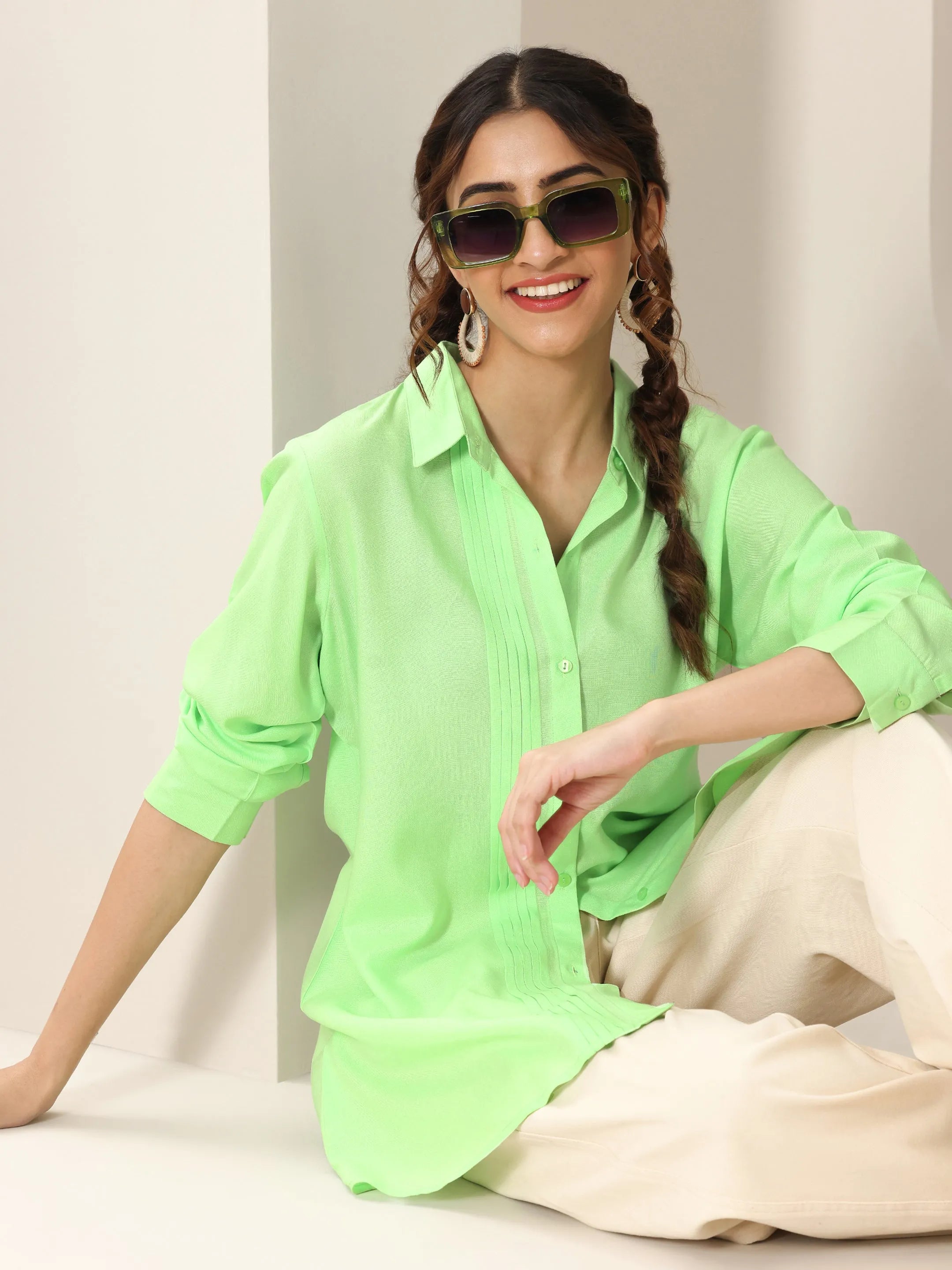 libas Green Solid Rayon Straight Shirt-picture-34