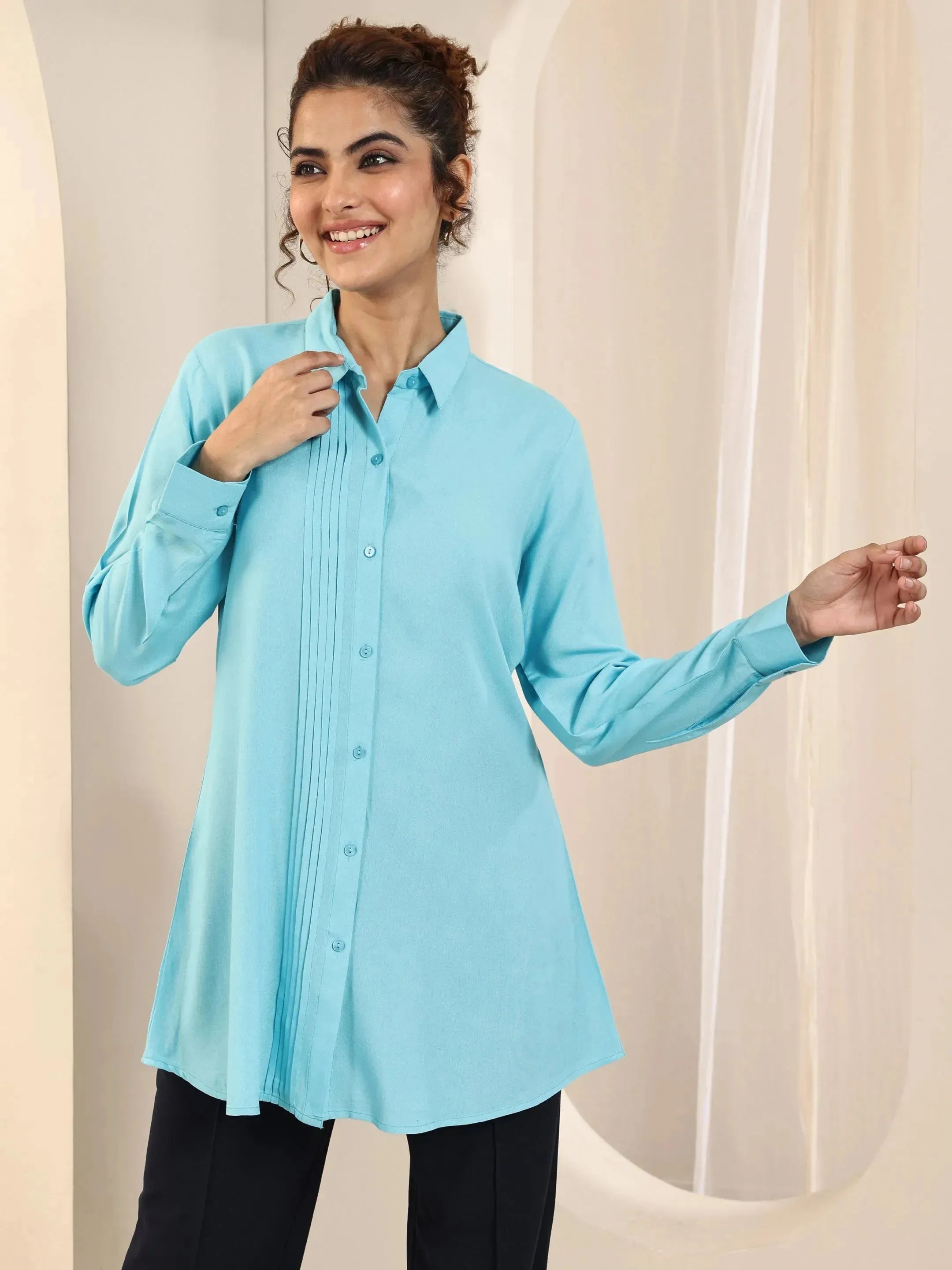 libas Blue Solid Rayon Straight Shirt-picture-53