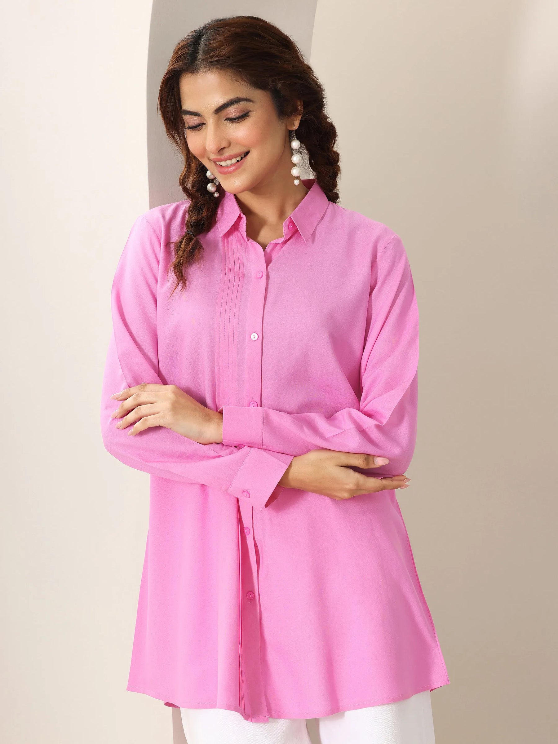 Pink Solid Rayon Straight Short Kurti
