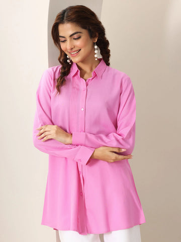 Pink Solid Rayon Straight Shirt