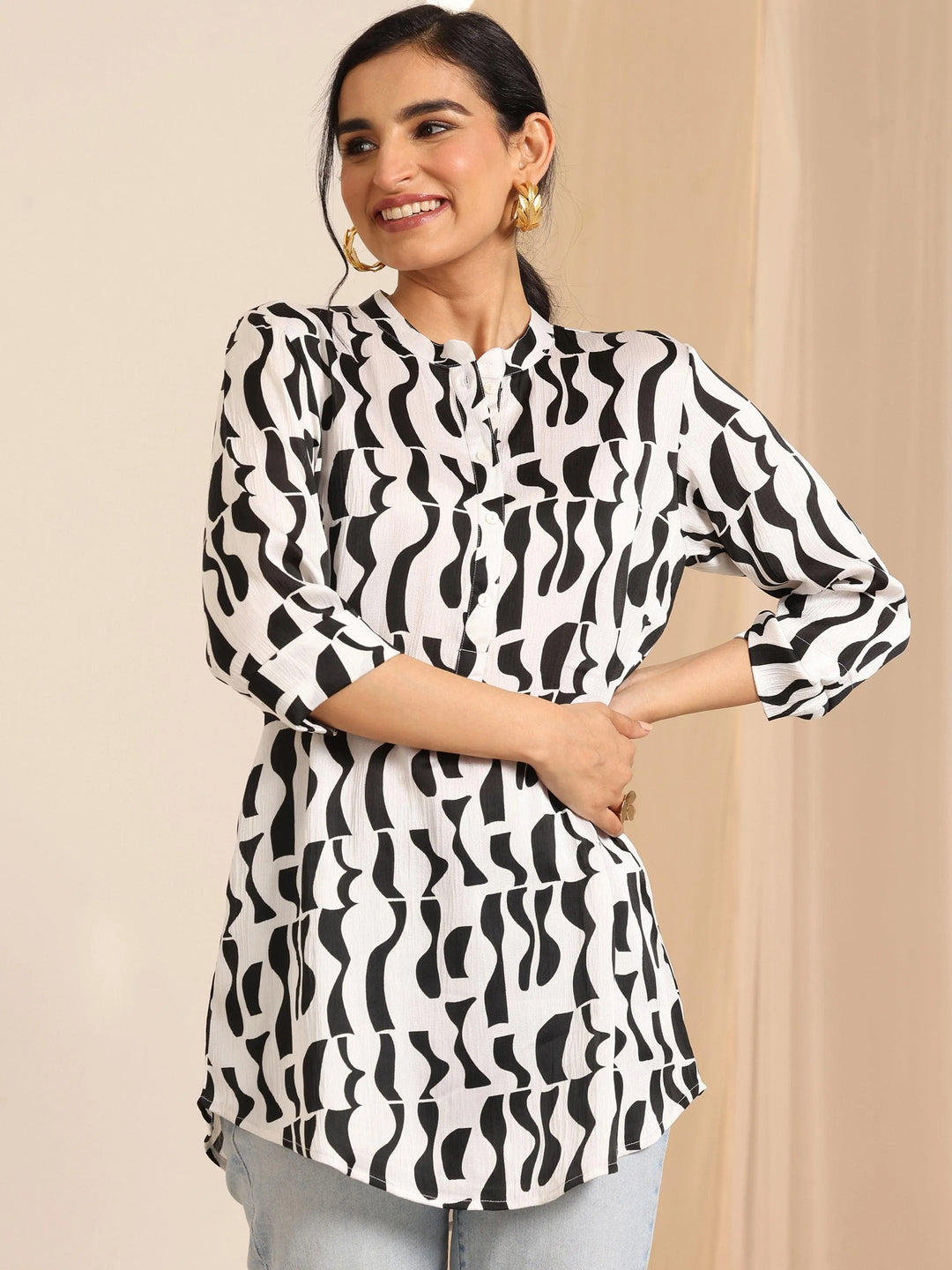  White Printed Silk Blend Straight Tunic 