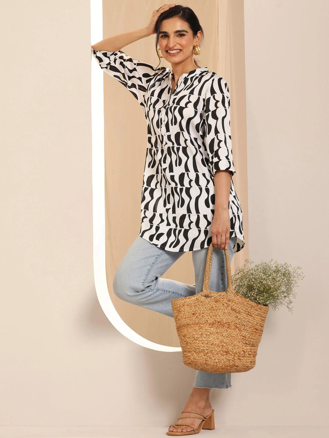 White Printed Silk Blend Straight Tunic 