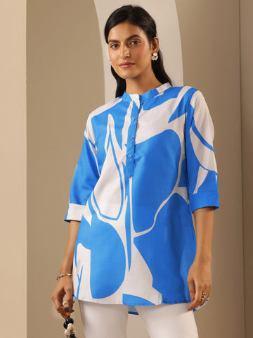 Blue Printed Viscose Straight Short Kurti