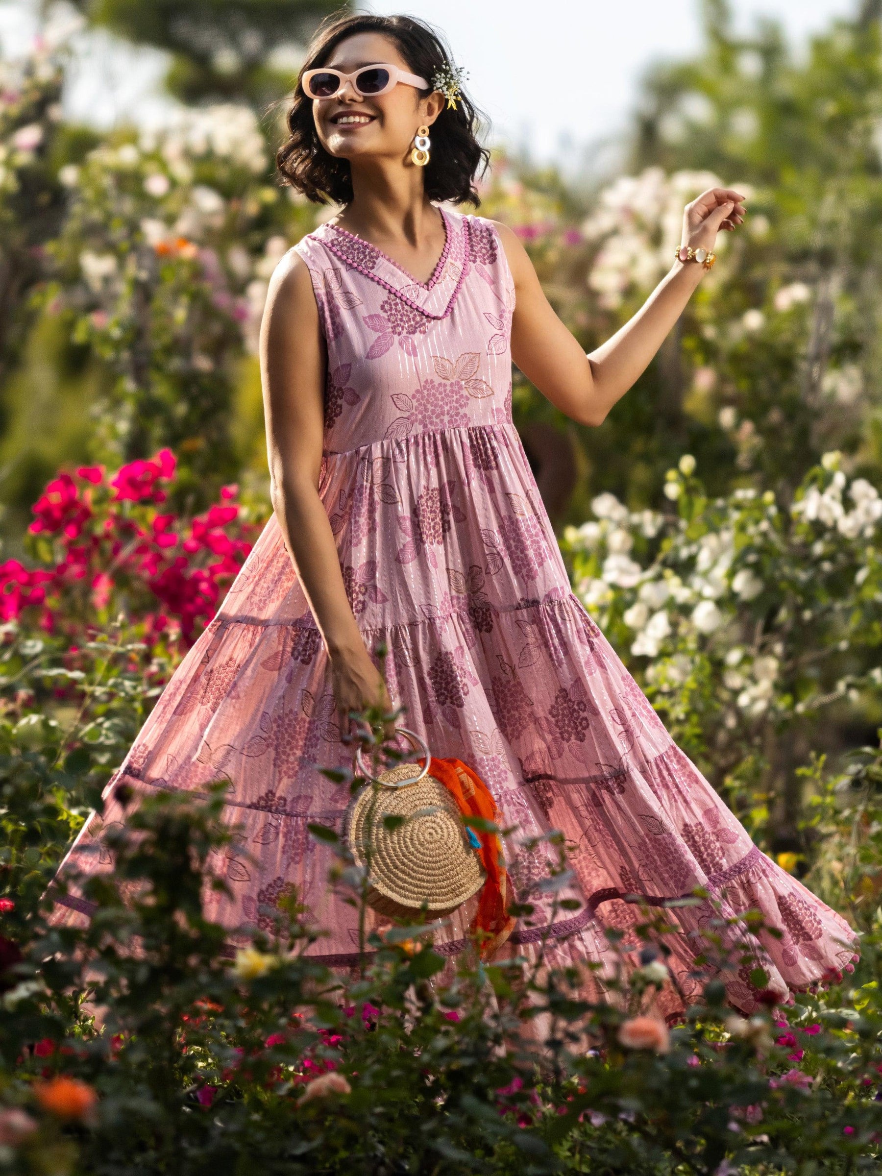 Mauve Printed Cotton Fit and Flare One Piece Dress