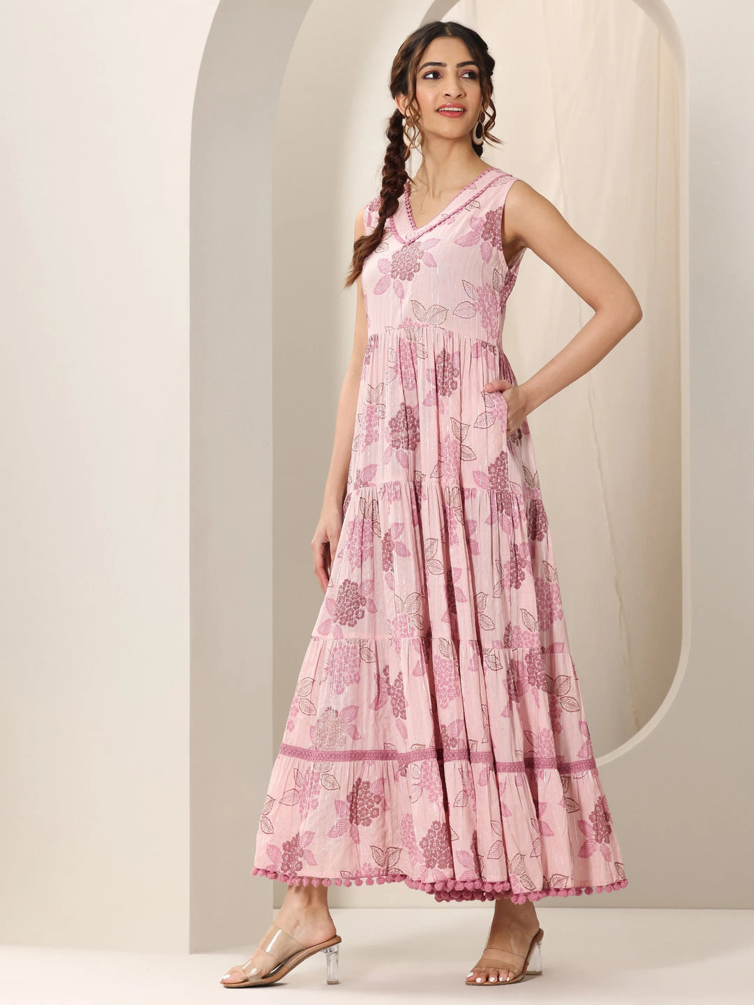  Mauve Printed Cotton Fit and Flare One Piece Dress 