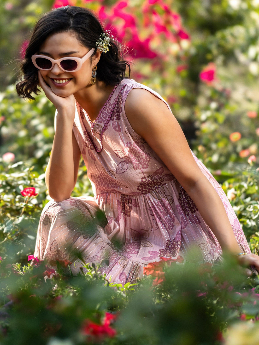  Mauve Printed Cotton Fit and Flare One Piece Dress 