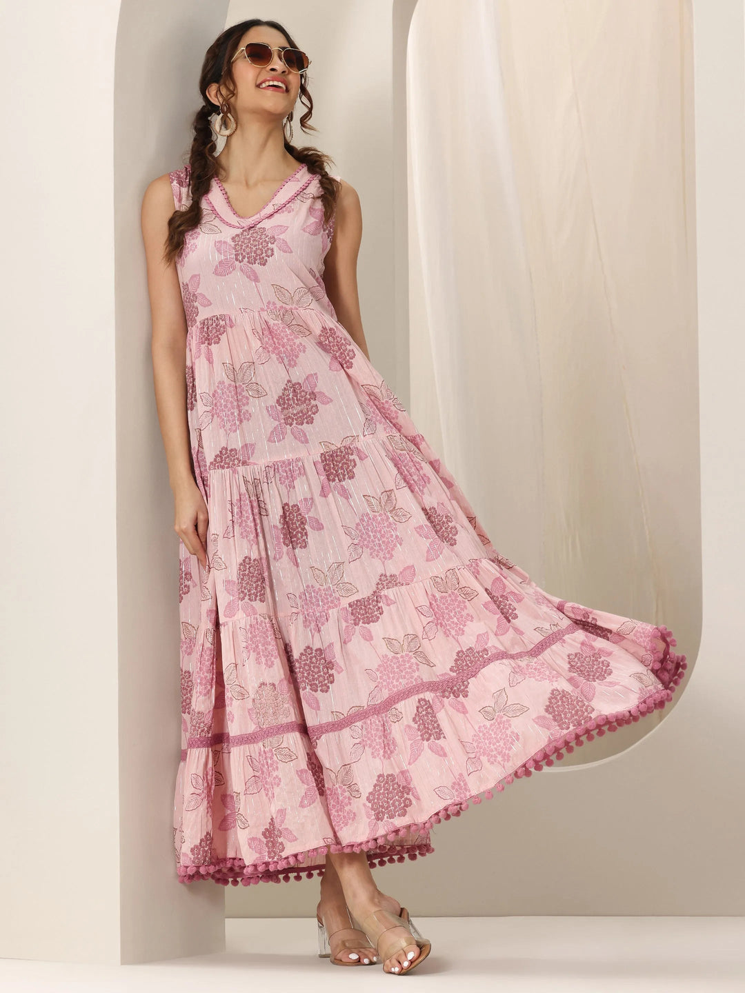  Mauve Printed Cotton Fit and Flare One Piece Dress 