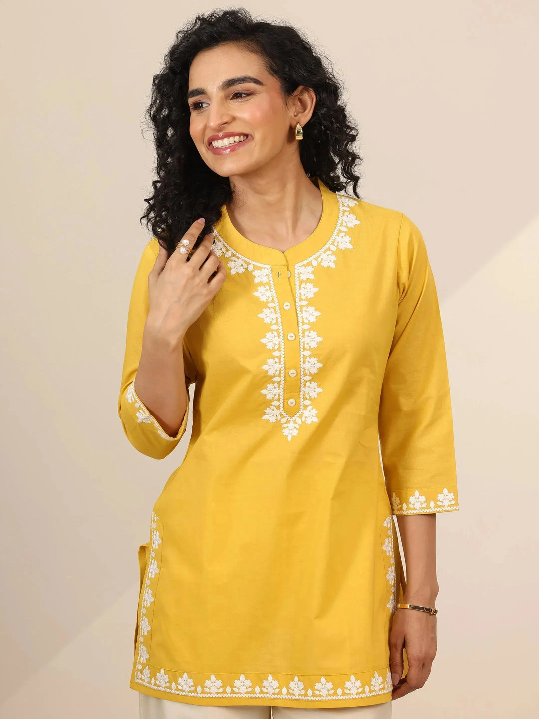 Yellow Embroidered Cotton Straight Short Kurti 