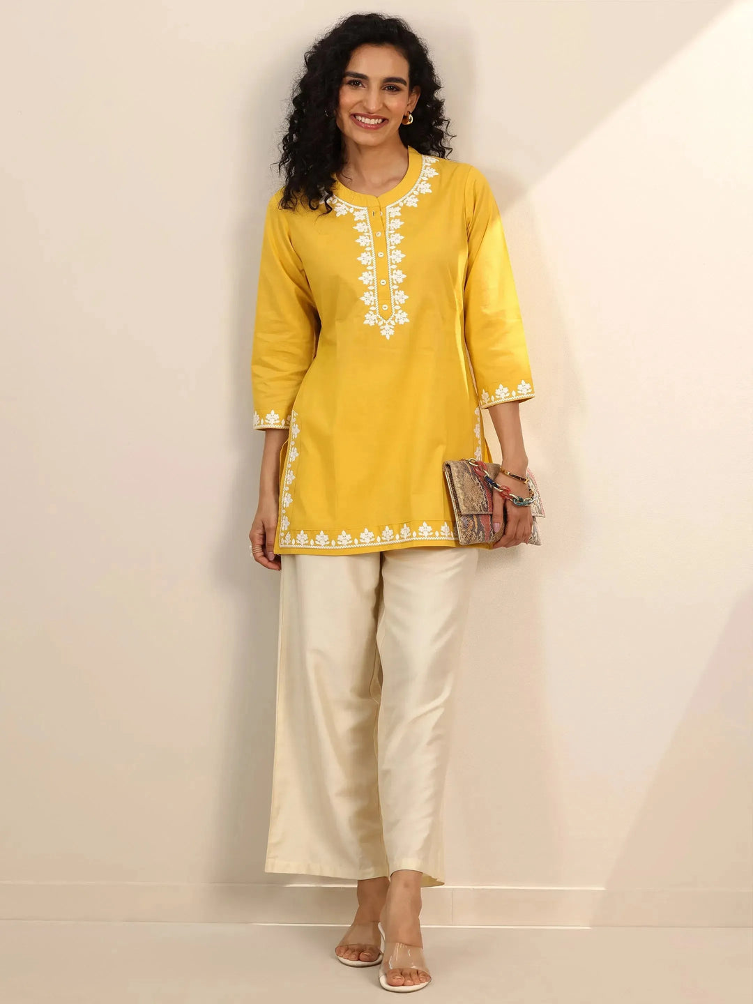  Yellow Embroidered Cotton Straight Short Kurti 